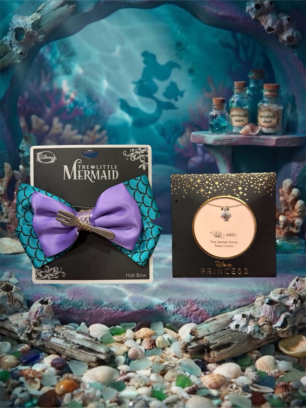 Disney The Little Mermaid Princess Ariel Necklace & Hair Bow Set NWT